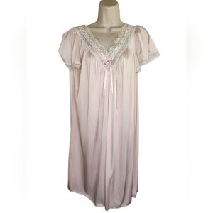 Vintage Miss Elaine Pink Nylon Nightgown Lace Ribbon Bow Made in USA Sz L/XL